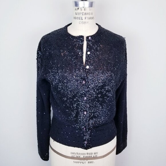Vintage 1950's Black Sequin & Beaded Lambswool Angora Sparkly Cardigan * Med/Lrg - Picture 3 of 9